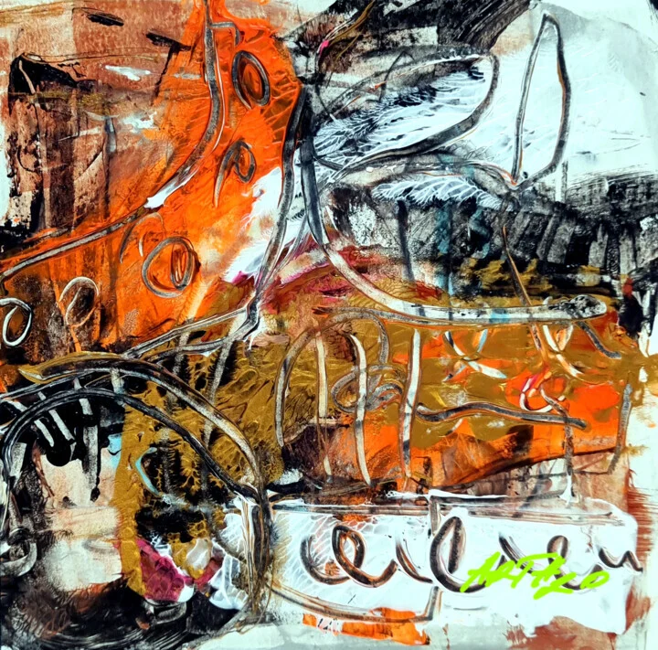 Burnt Orange and Black Abstract on Paper