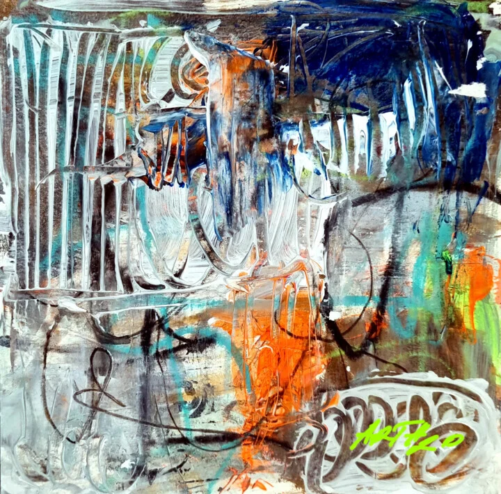 Bright Orange and Blue Abstract on Paper