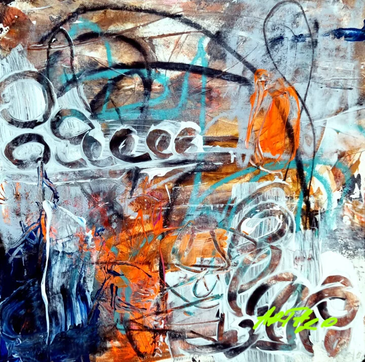 Burnt Orange and Blue Abstract on Paper