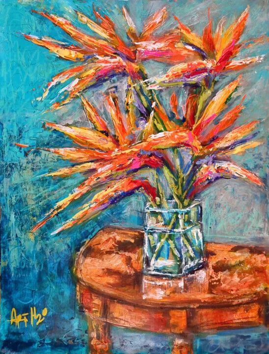 Bright Orange Floral on Linen Canvas