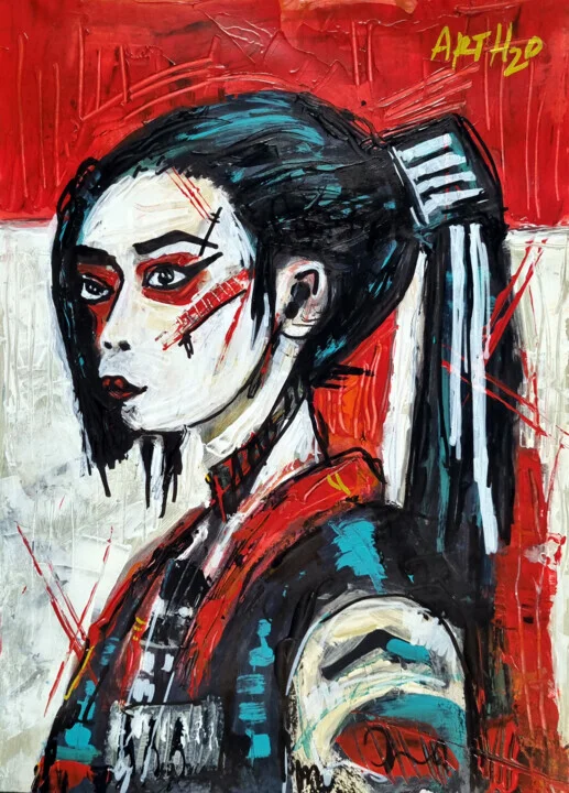 Crimson and Black Expressionist Portrait on Paper