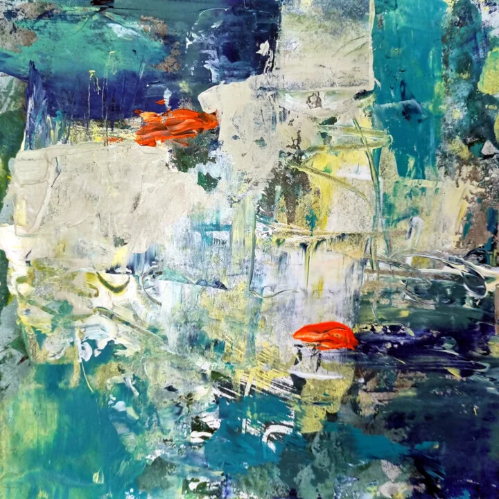 Click to view in high resolution Vibrant Teal and Orange Acrylic on Paper