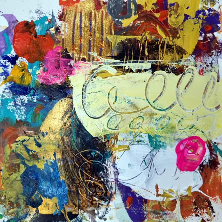 Click to view in high resolution Radiant Pink and Gold Acrylic Abstract on Paper