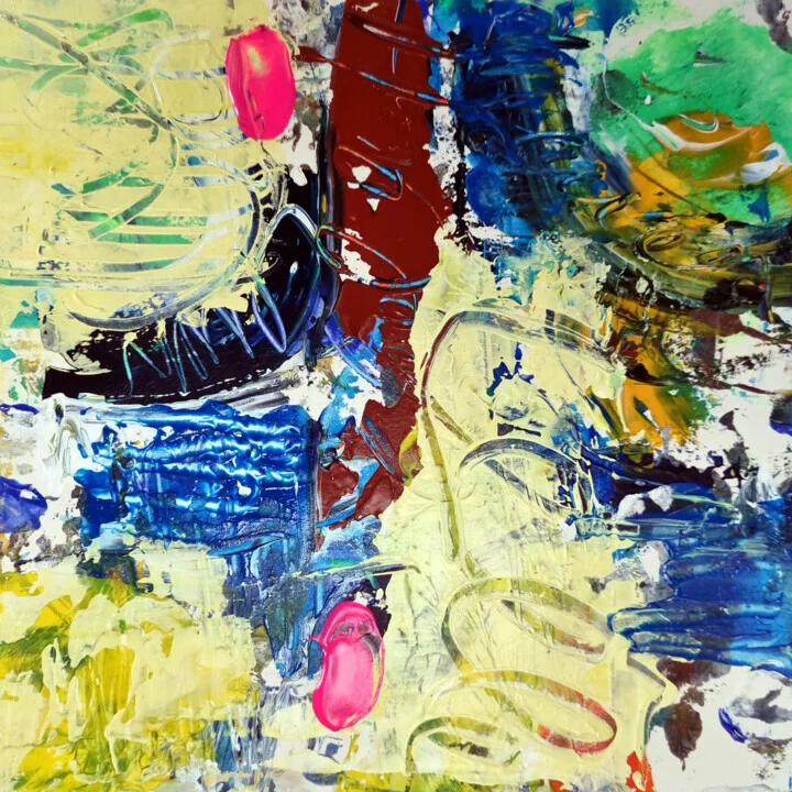 Bright Yellow and Blue Abstract on Paper