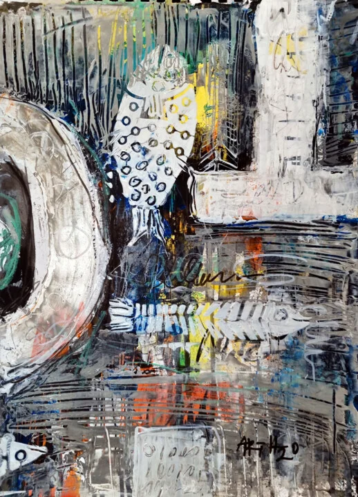 White and Yellow Abstract with Fish Forms