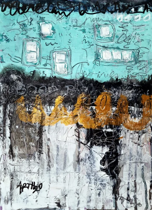 Aqua and Gold Abstract on Paper