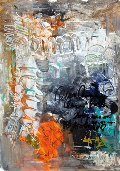 Orange and Grey Acrylic Abstract on Paper