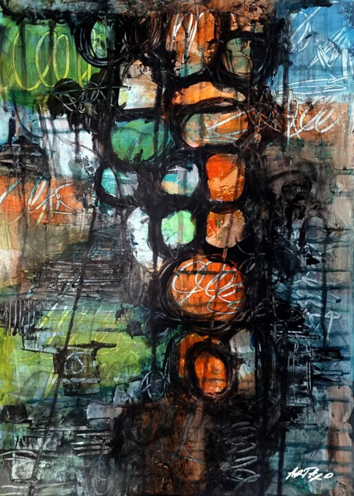 Emerald Green and Burnt Orange Abstract on Paper