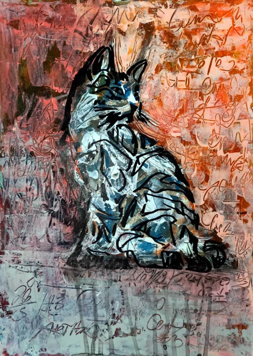 Deep Blue Abstract Cat on Paper