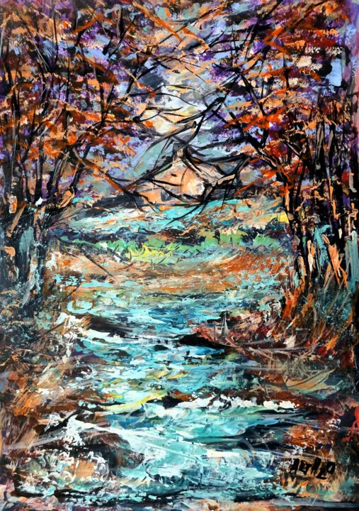 Click to view in high resolution Teal and Orange Acrylic Landscape on Paper
