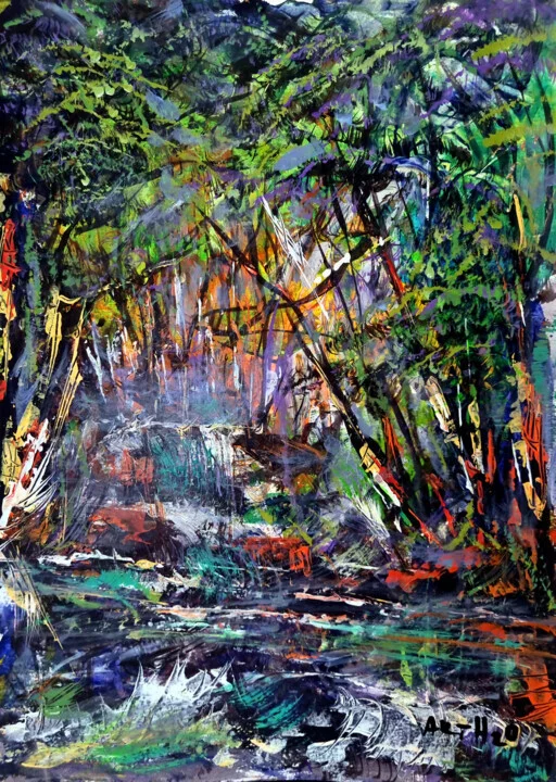 Emerald and Deep Blue Landscape on Paper