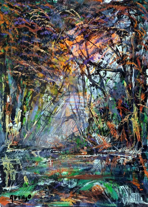 Click to view in high resolution Lively Green and Orange Landscape on Paper