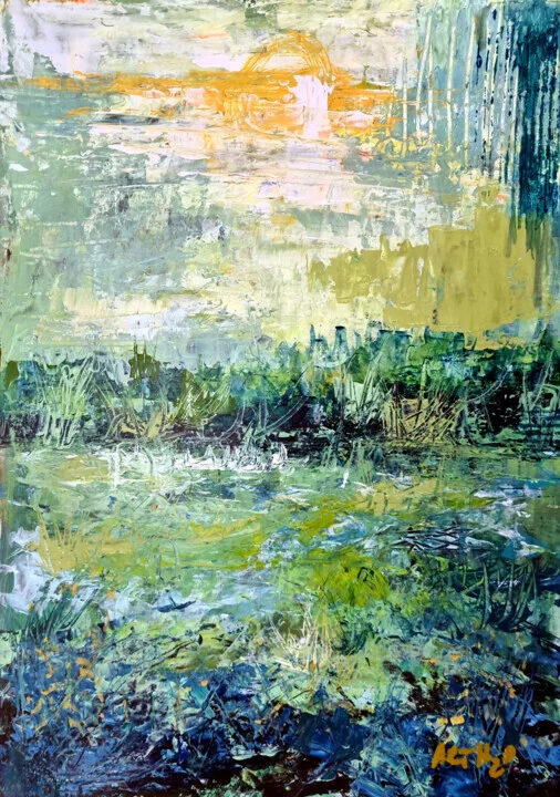 Golden and Green Landscape in Acrylic