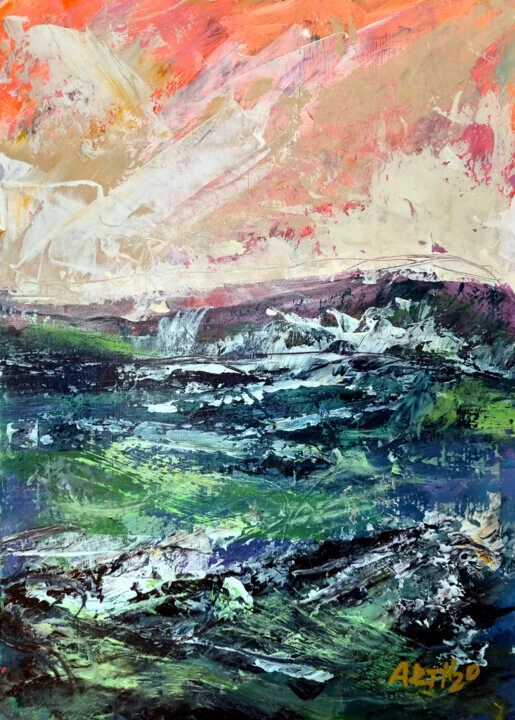 Coral and Deep Teal Abstract on Paper