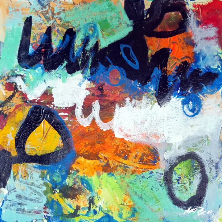 Deep Turquoise and Orange Abstract on Paper