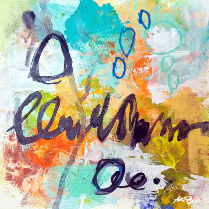 Click to view in high resolution Turquoise and Orange Acrylic Abstract on Paper