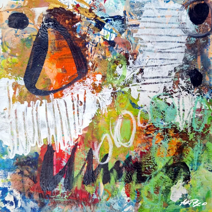 Fiery Orange and Green Abstract on Paper