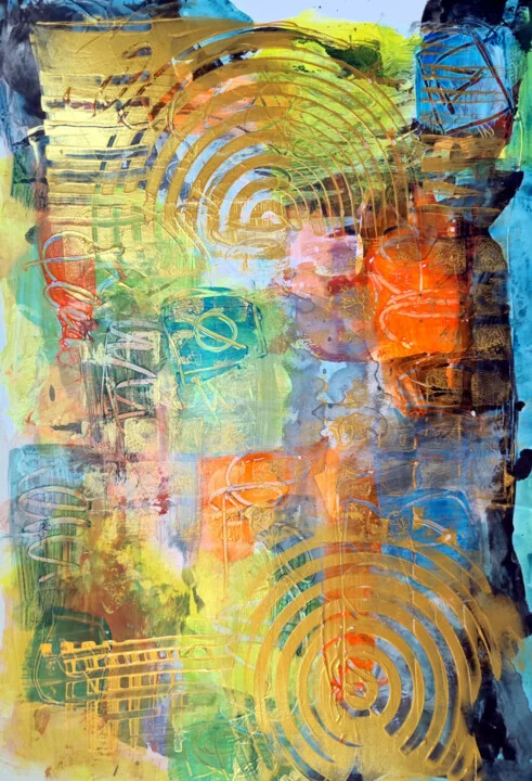 Golden and Blue Abstract Swirls on Paper