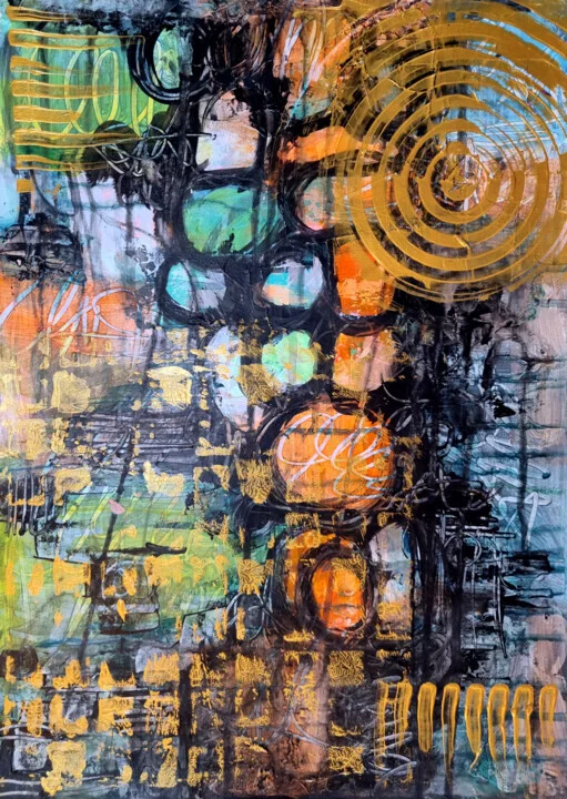 Teal and Gold Abstract on Paper