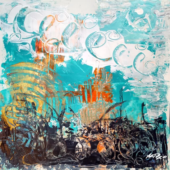 Teal and Orange Acrylic Abstract on Paper