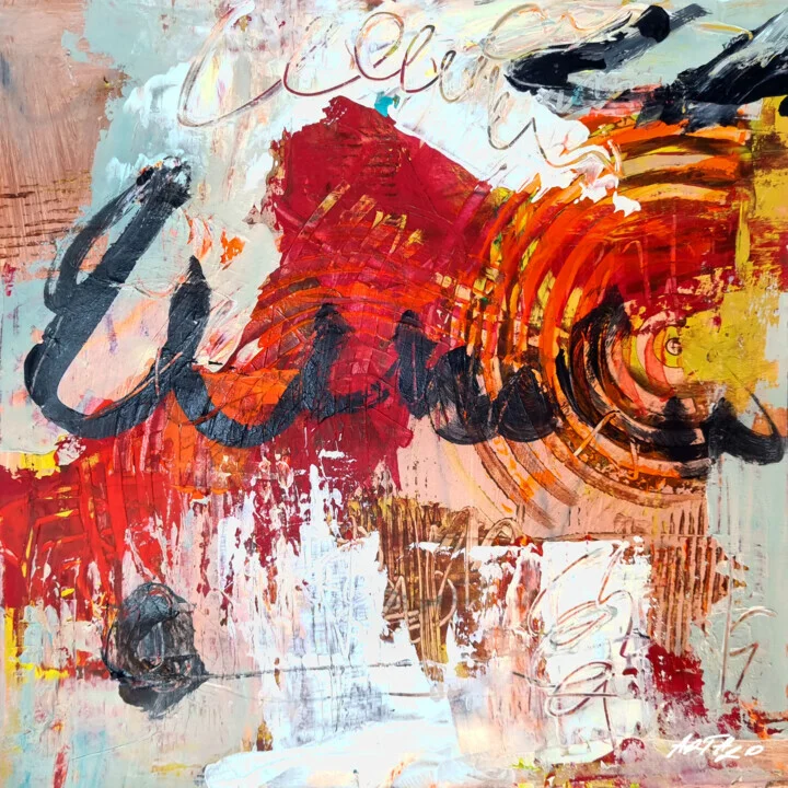 Crimson and Pastel Whimsical Abstract on Paper