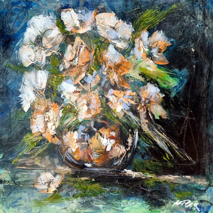 Click to view in high resolution Cream Blooms on Deep Blue Background