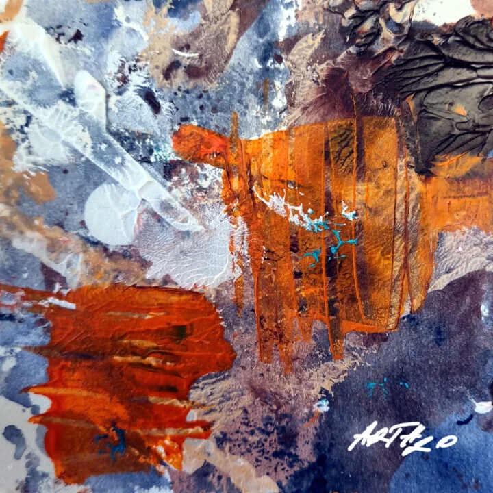 Burnt Orange and Blue Abstract on Paper