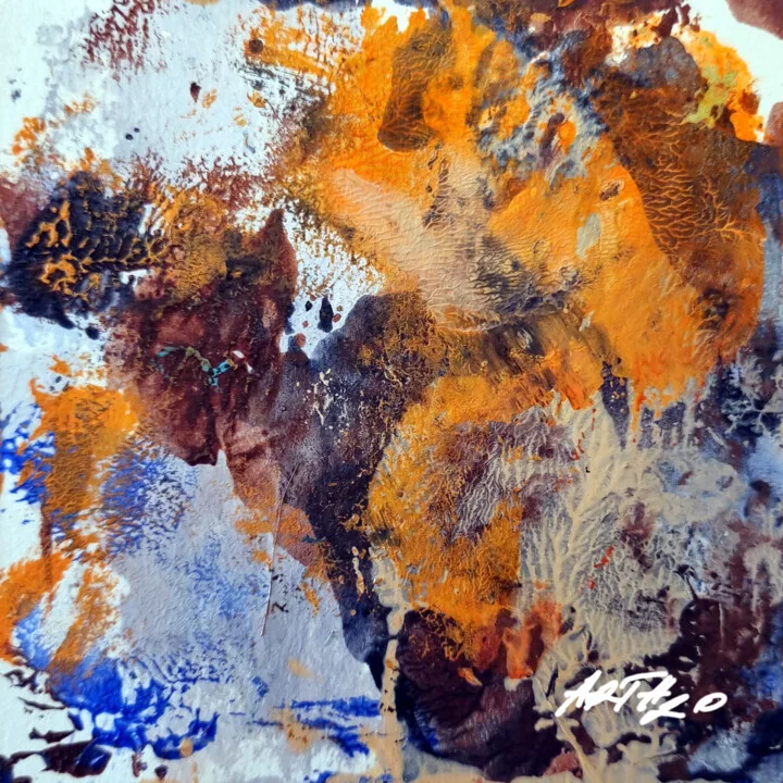 Burnt Orange and Deep Blue Abstract on Paper