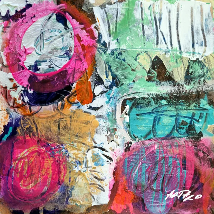 Bright Pink and Teal Abstract on Paper