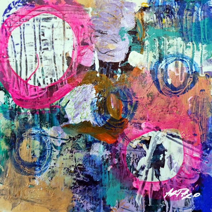 Vivid Pink and Teal Abstract on Paper