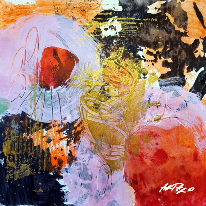 Coral Pink and Gold Abstract on Paper