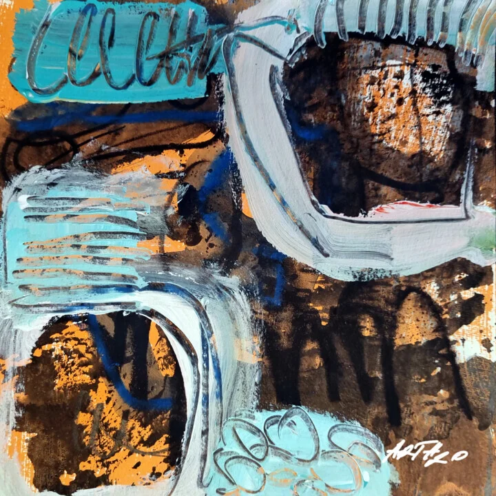 Click to view in high resolution Turquoise and Ochre Organic Abstract on Paper