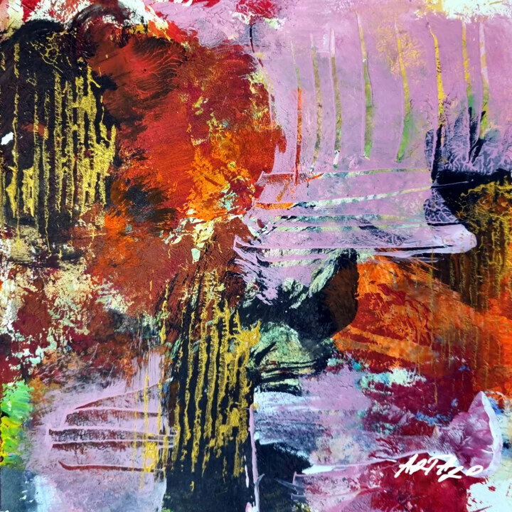 Click to view in high resolution Crimson and Orange Acrylic Abstract on Paper