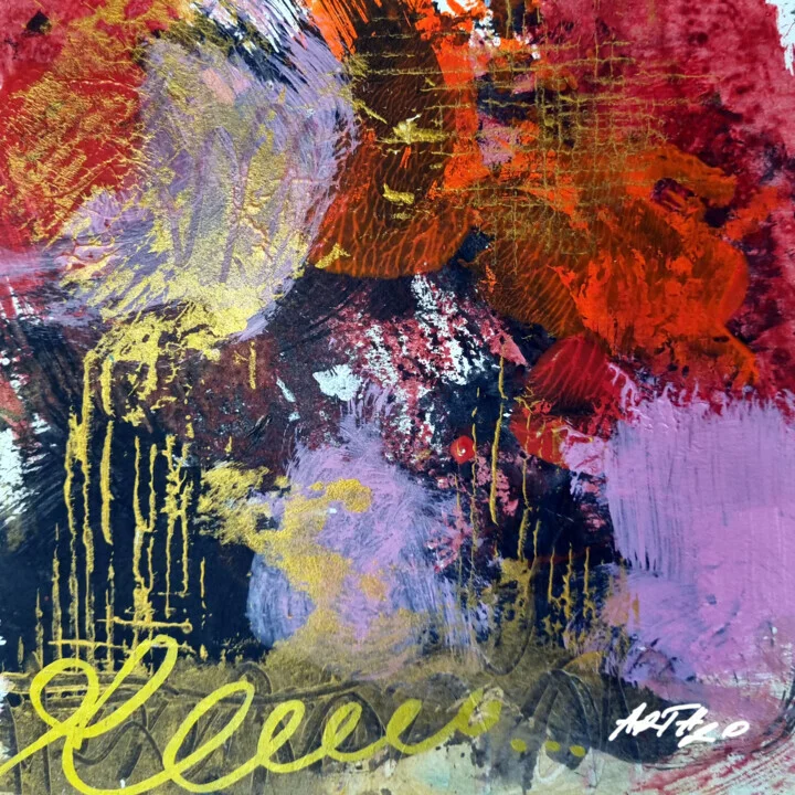 Crimson and Gold Abstract on Paper