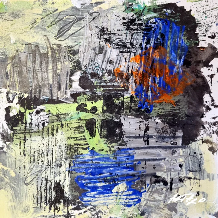 Cerulean and Fiery Orange Abstract on Paper