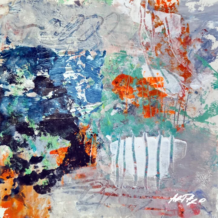 Click to view in high resolution Fiery Orange and Blue Abstract on Paper