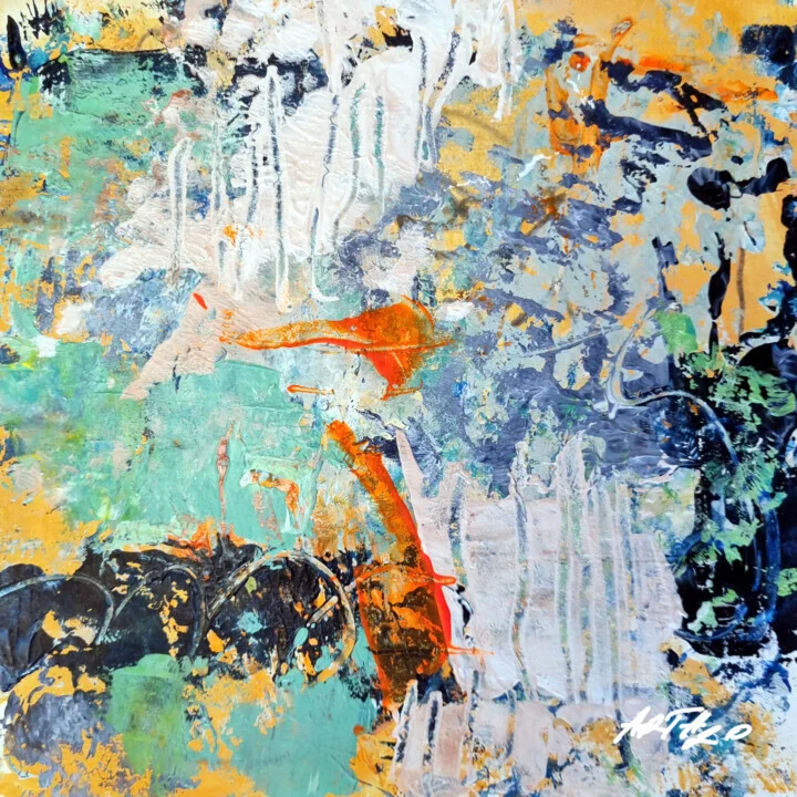 Aqua and Fiery Orange Abstract on Paper