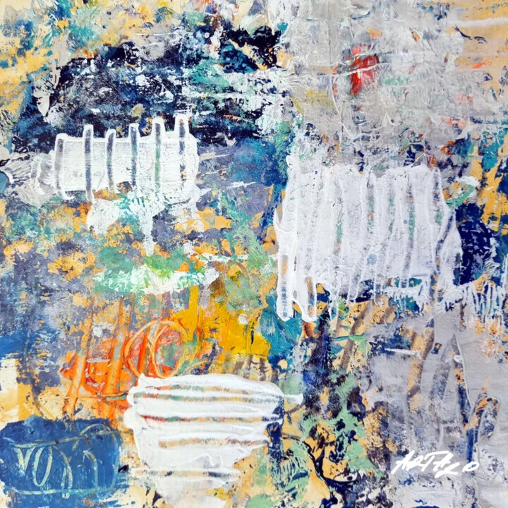 Cerulean and Ochre Whimsical Abstract on Paper