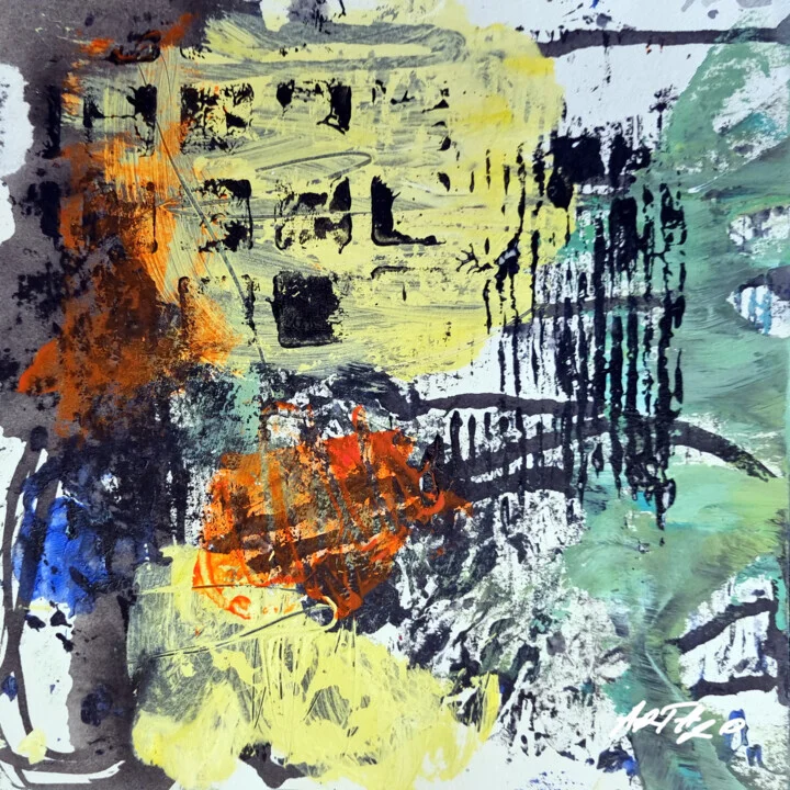 Bright Yellow and Deep Blue Abstract on Paper