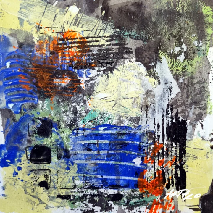 Click to view in high resolution Fiery Orange and Royal Blue Abstract on Paper