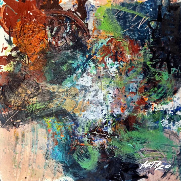 Teal and Burnt Orange Abstract on Paper