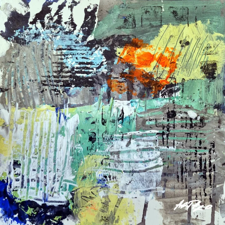 Green and Yellow Acrylic Abstract on Paper