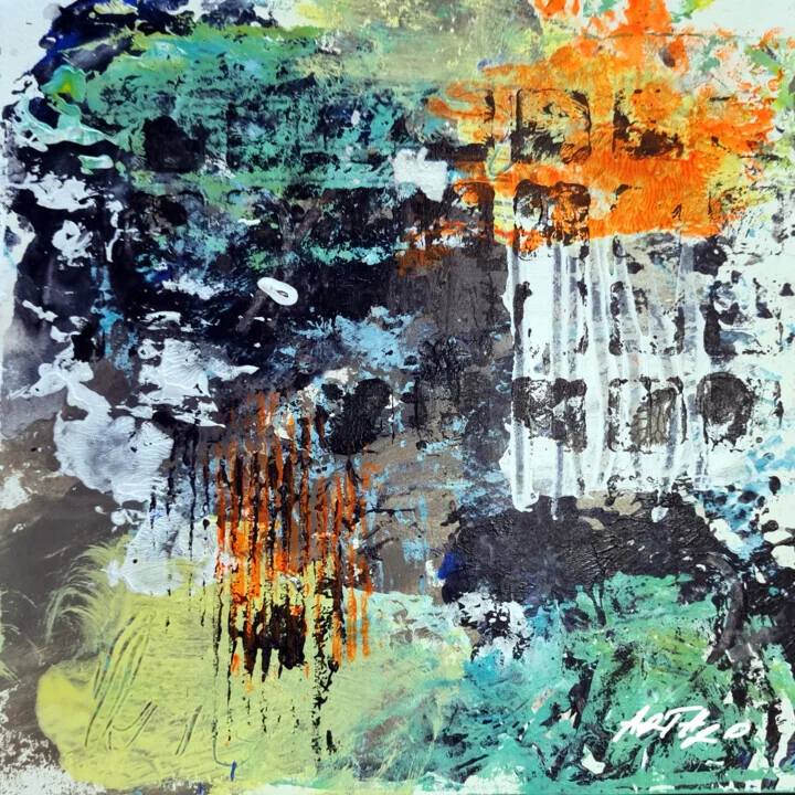 Emerald and Burnt Orange Abstract on Paper