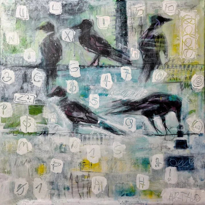 Muted Gray and Yellow Crow Abstract