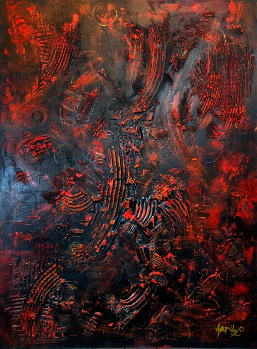 Crimson and Black Abstract on Linen Canvas