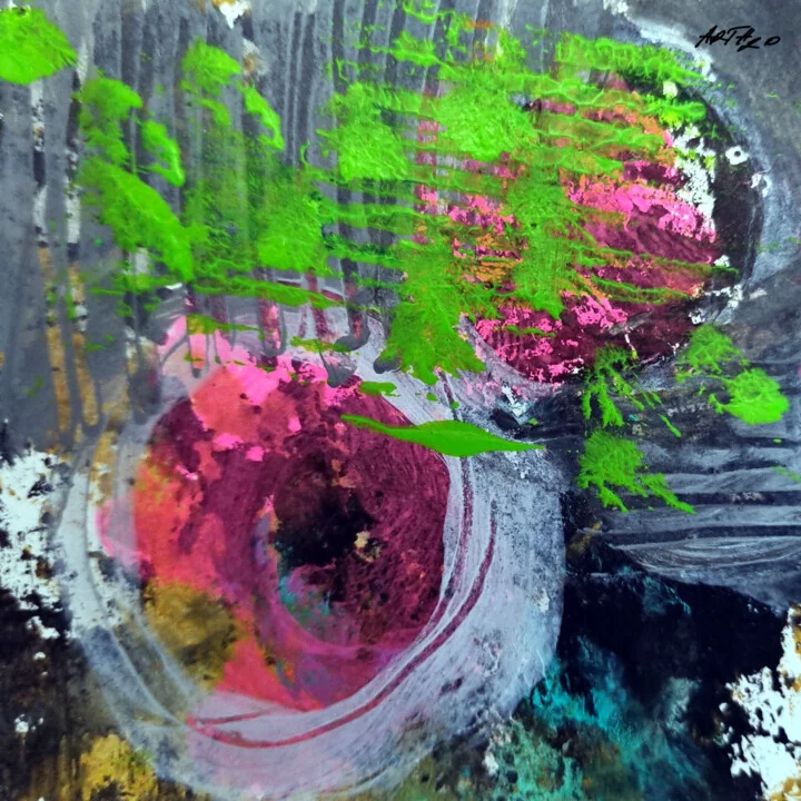 Fuchsia and Green Acrylic Swirls on Paper