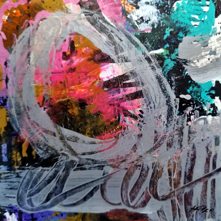 Hot Pink and Black Acrylic Abstract on Paper