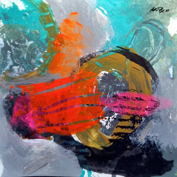 Energetic Orange and Turquoise Abstract on Paper
