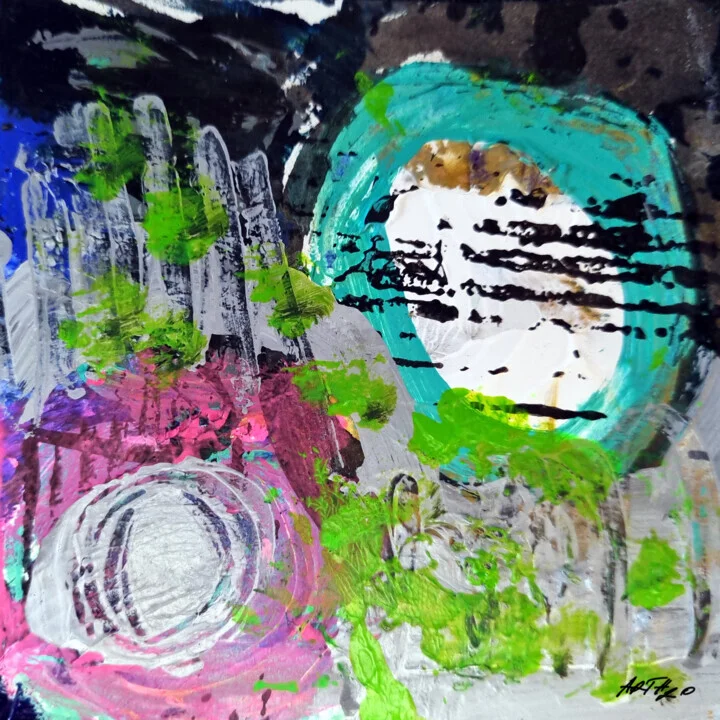 Neon Green and Turquoise Abstract on Paper