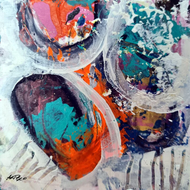 Turquoise and Orange Acrylic Swirls on Paper